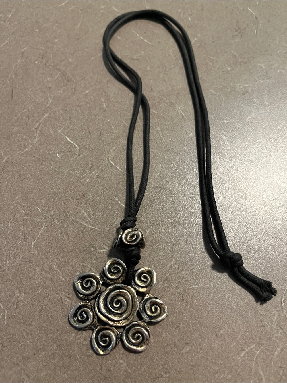 Handcrafted Spiral Flower Pendant Necklace - Black Cord, Silver Tone
